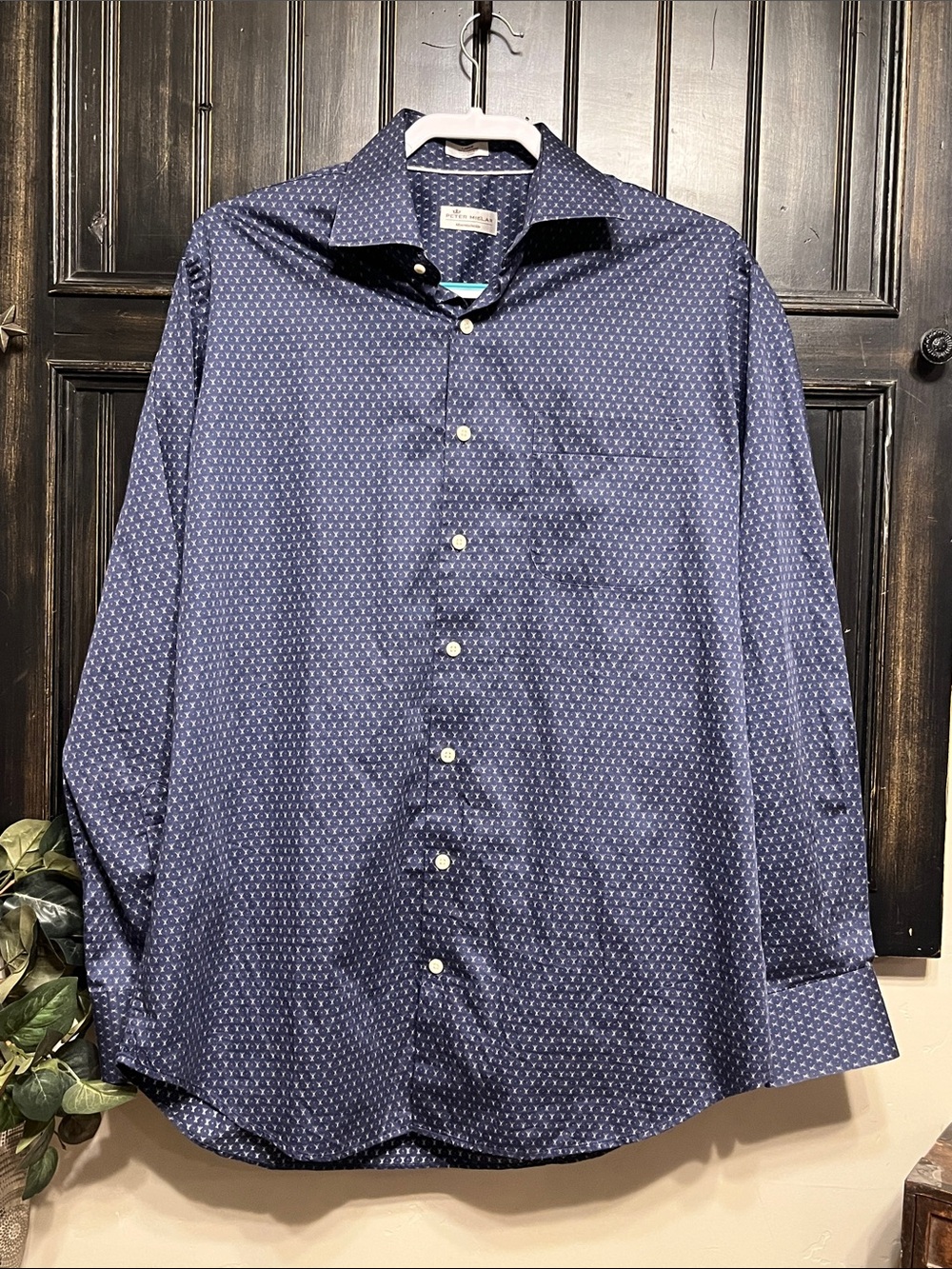 Peter Millar Navy Micro-Pattern Long-Sleeve Dress Shirt Large